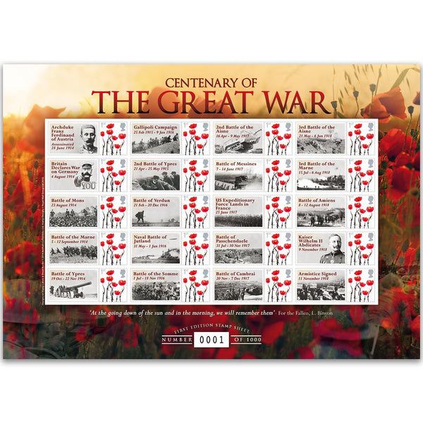 Centenary The Great War 20 x 1st GB Customised Stamp Sheet GBS0218