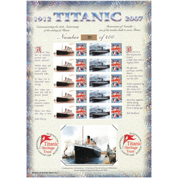 Titanic 95th GB Customised Stamp Sheet - History of Britain No. 7 . BH GBS0264
