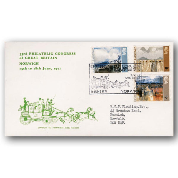 1971 Ulster Paintings - Norwich Philatelic Congress handstamp - GREEN Cover Version TX7106F