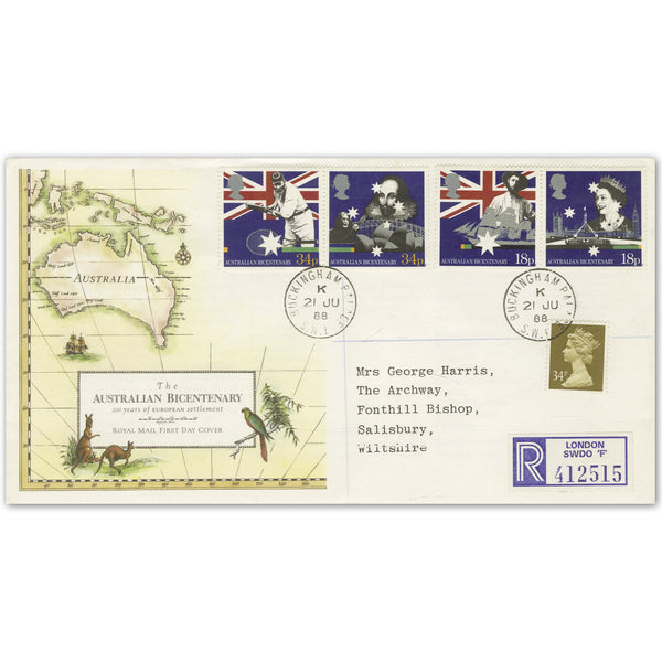 1988 Australian Bicentenary, Buckingham Palace on Royal Mail cover TX8806D