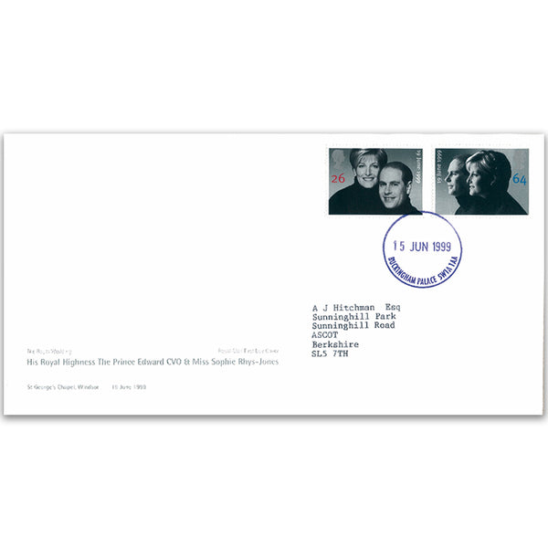 1999 Royal Wedding - Buckingham Palace counter date stamp - Typed Address TX9906F
