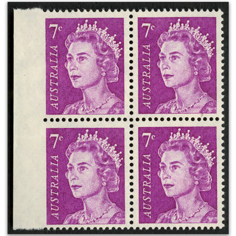 Australia 1966-73 7c purple (blk of 4), Imperf at left VAUS388A