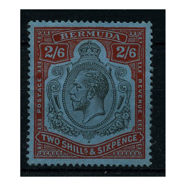Bermuda 1927-32 2/6d Black & carmine / pale blue, 'break in frame' variety, lightly mtd mint. SG89a_BERM0089AMML
