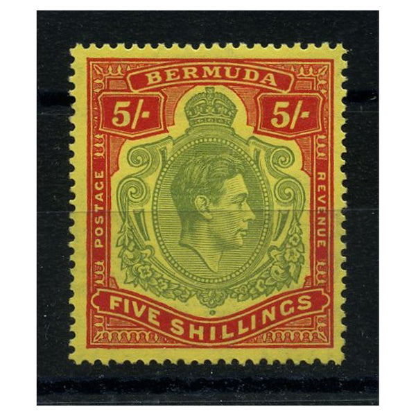 Bermuda 1942-53 5/- Bronze-green & carmine-red/pale-yellow, reg ppr, perf 14, light mtd mint. SG118c_BERM0118CMML