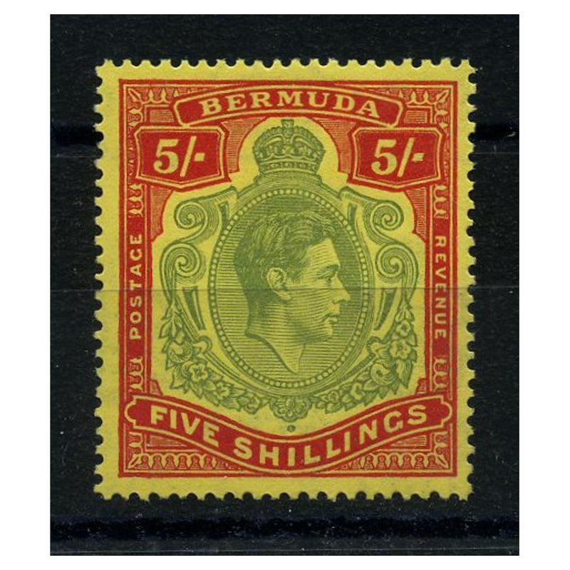 Bermuda 1942-53 5/- Bronze-green & carmine-red/pale-yellow, reg ppr, perf 14, light mtd mint. SG118c_BERM0118CMML