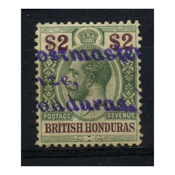 Br Honduras 1913-21 $2 Purple & green, used with interesting 'POSTMASTER BELIZE' cancel. SG109_BRIH0109UA