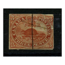 Canada 1852-57 3d Brown-red, handmade ppr, just 4 marg, pen used, damaged & re-backed. SG8