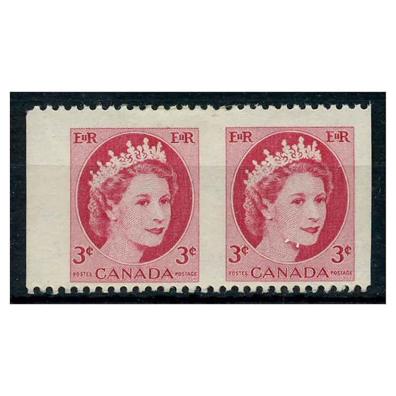 Canada 1954-62 3c Carmine, IMPERF PAIR, u/m. Scarce. SG465a_CAND0465AM
