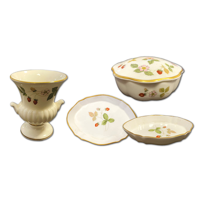 Wedgwood Wild Strawberry Two Urn Vases, Lidded Box and Two Trinket Trays_CXG1176