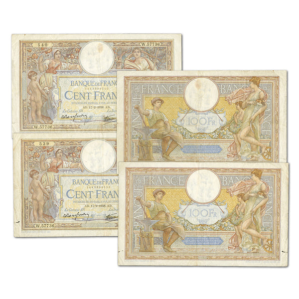 France 1938 Consecutive pair 100 Franc Notes, both circulated but vibrant (pick#86). Scarce as pair