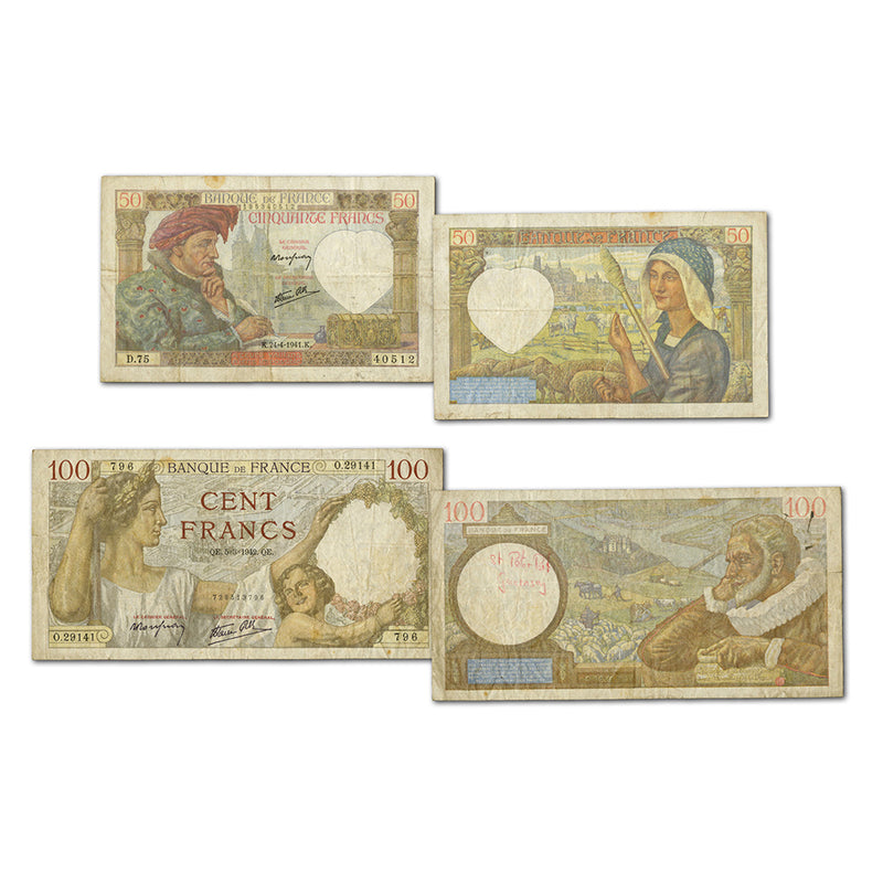France German Occupation1941-2 50 + 100 Franc Notes. Pick