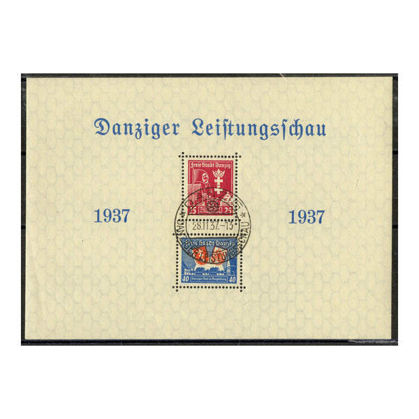 Danzig 1937 Productivity show sheetlet, fine cds used with first day expo cancel. SGMS254a