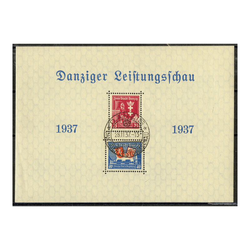 Danzig 1937 Productivity show sheetlet, fine cds used with first day expo cancel. SGMS254a