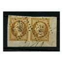 France 1861 10c Brownish-bistre/cream, 2x singles (1 superb 4 margin), fine used on fragment. SG50c