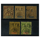 N Caledonia 1899-1901 Surch set (less #51, but including addtl shifted ovpt #52), mtd mint. SG50-54