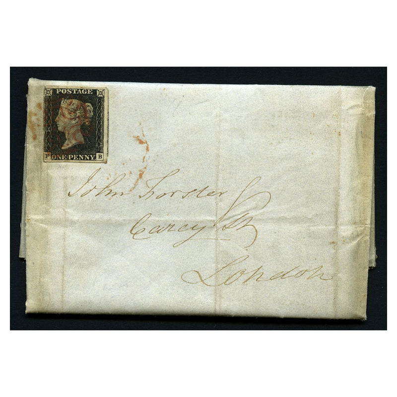 GB 1840 1d Grey-black (worn plate), 3 margins, used on cover with red Dublin type II MX. SG3