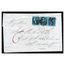 GB 1849 Strip of 3 x 2d pale-blue, used on cover to Kendal. SG13