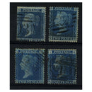 GB 1858-76 2d Blue, thick lines, all 4 plates, generally fine used for the type. SG45