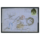 GB 1862 1/- Green, used on entire from London to Finland, various marks inc 'Per Aachen.' SG72
