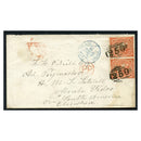 GB 1864 4d Bright-red, type B, horiz pair, used on cover from London to the HMS Satellite (SA). SG81