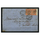GB 1866 4d Dull-vermillion, pl 8, horiz pair used cover from Guernsey to St Malo (via London). SG93