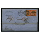 GB 1868 4d Deep-vermillion, pl 9, horiz pair, on cover Cardiff-Marseilles via London. SG95