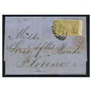 GB 1866 9d Straw, pl 4, horiz pair (right wing marginal), on folded entire London to Florence. SG98