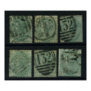GB 1873-80 1/- Green, wmk spray, all obtainable plates (no 14), good to fine used. SG150