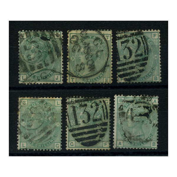 GB 1873-80 1/- Green, wmk spray, all obtainable plates (no 14), good to fine used. SG150