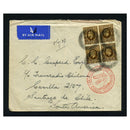 GB 1937 1/- Block of 4 used on Zeppelin cover to Chile with red cachet. A very late flight. SG449