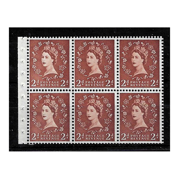 GB 1958-65 2d Light red-brown, wmk inverted, pane of 6, u/m. A rare pane. SG573a, SB79a