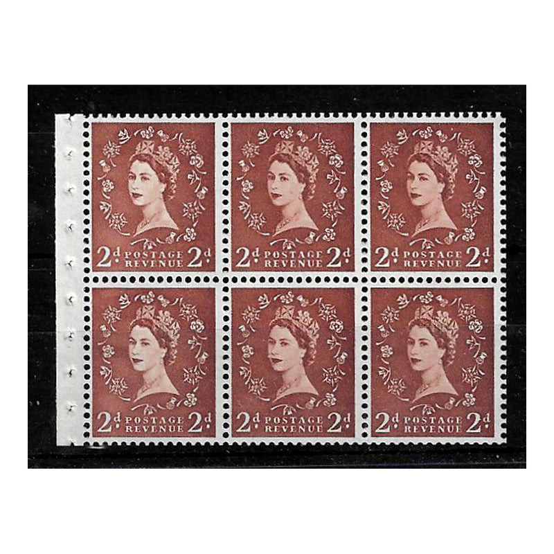 GB 1958-65 2d Light red-brown, wmk inverted, pane of 6, u/m. A rare pane. SG573a, SB79a
