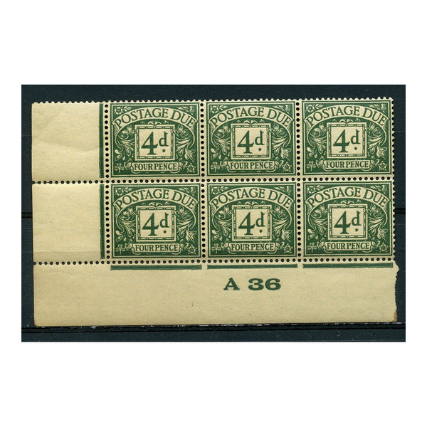 GB 1936-37 4d Dull grey-green, control 'A/36' corner block of 6, u/m. SGD23