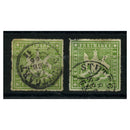 Wurttemberg 1865-68 1kr Both yellow-green & pale-green, rouletted, fine used, both thinned. SG60-61_GEWB0060U2X