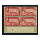 Gibraltar 1938-51 1½d Carmine, Perf 14, plate block of 4, mtd mint, minor gum tone. SG123