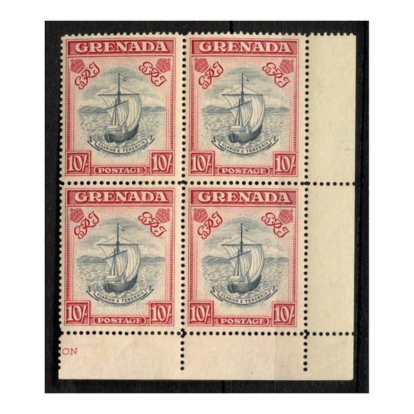 Grenada 1938-50 10/- Blue-black & carmine (narrow) Perf 14, corner marginal block of 4, u/m. SG163e_GREN0163EM4