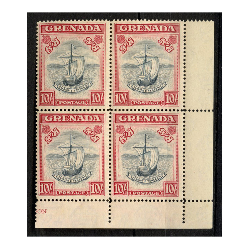 Grenada 1938-50 10/- Blue-black & carmine (narrow) Perf 14, corner marginal block of 4, u/m. SG163e_GREN0163EM4