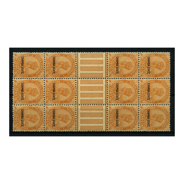 1932 2a6p Orange, block of 12, divided horizontally with gutter row, fine u/m. SG69_INDICC0069M12