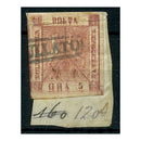 Italy (Sicily) 1858 5g Lake, 4 margins, DOUBLE IMPRESSION, used on small fragment. Creased. SG4var