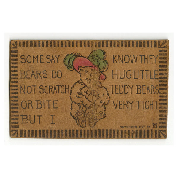 Vintage 1900s Leather Postcard -  Bears Hug Teddy Bears