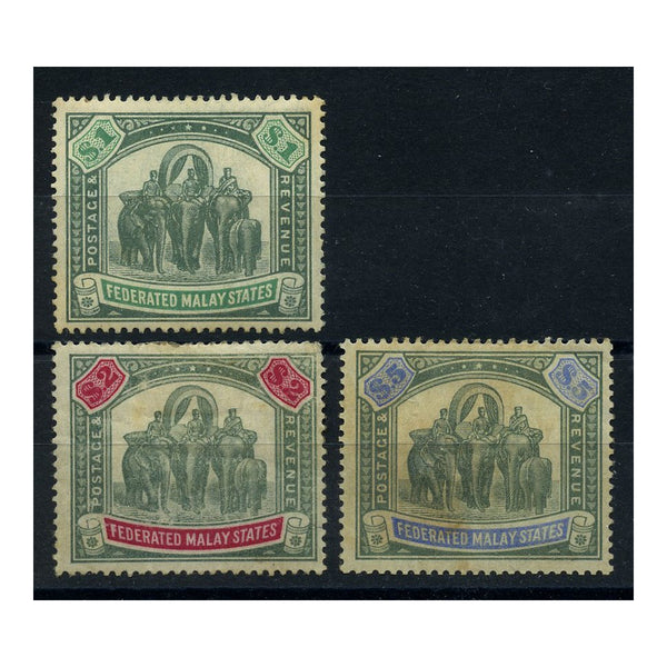FMS 1904-22 $1-$5 'Elephants,' wmk mult corwn CA, mtd mint, all faulty but presentable. SG48-50_MALAC0048MM3X