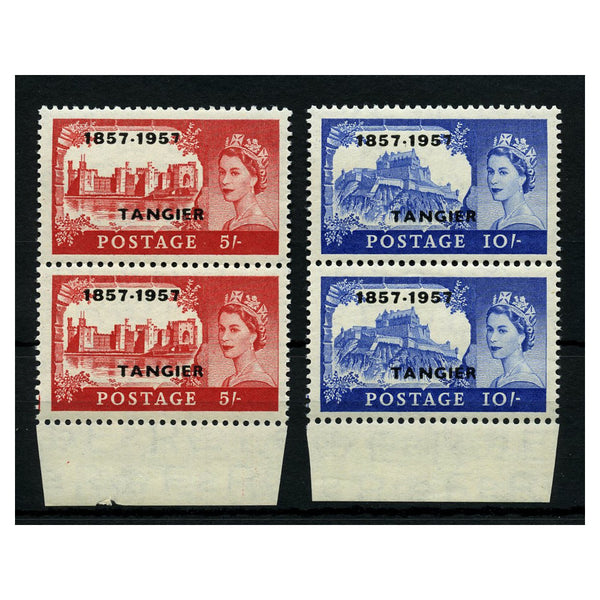 Tangier 1957 5/-, 10/- PO Cent, vert pairs, with 'short 7' variety (9/3) at top, u/m. SG341var-42var