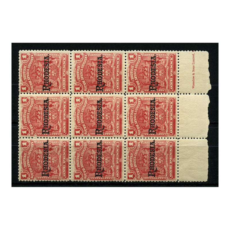 Rhodesia 1909-12 1d Carmine-rose, part marginal imprint block of 9, u/m. SG101_RHOD0101M9