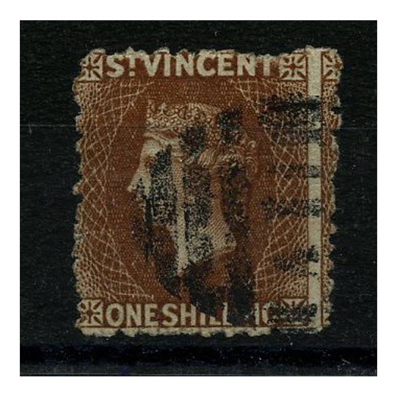 St Vincent 1869 1/- Brown Perf 11-12 (typical rough perfs), good to fine used, good colour. SG14_SALV0014U1