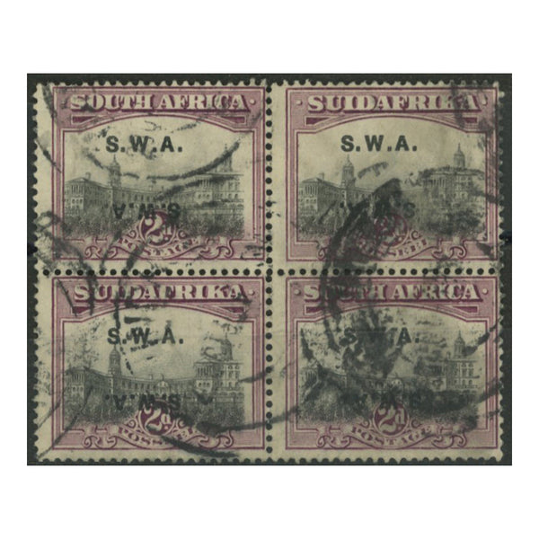 S-A 1927 2d Grey & maroon, block of 4 displaying 'ovpt doubled, one inverted' variety, used. SG60cb_SOUT0060CBU4