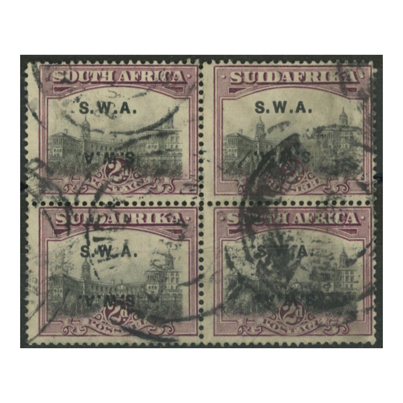 S-A 1927 2d Grey & maroon, block of 4 displaying 'ovpt doubled, one inverted' variety, used. SG60cb_SOUT0060CBU4