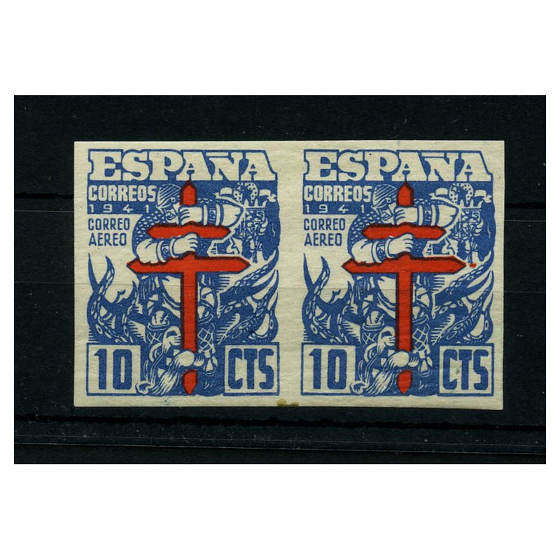 Spain 1941 10c Anti-TB air, horizontal imperf pair, lightly mtd mint. SG1021