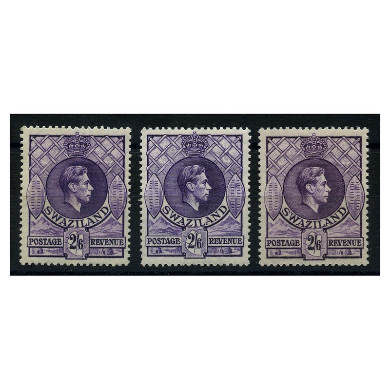 Swaziland 1938-54 2/6d All 3 types, lightly mtd mint. SG36+a+b