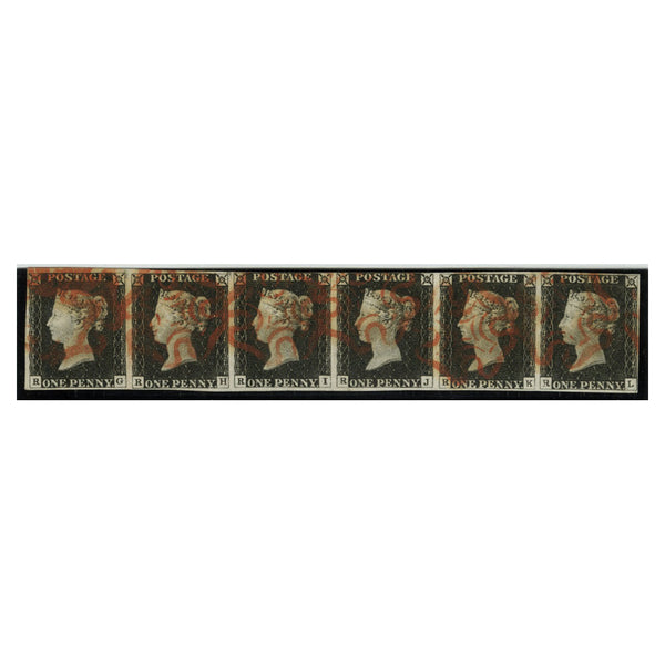 1840 1d Intense Black Pl 2 SG1 Horiz. Strip of Six