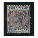 Turks Is 1893-95 4d Dull-purple & ultramarine, wmk CA displaying 'OA' ERROR, lightly mtd mint. SG71v_TURKS0071VMML